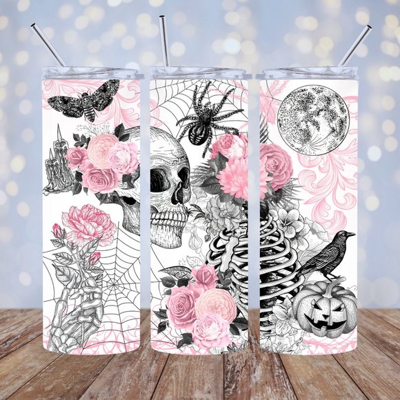 Black gothic skull skinny tumbler drinking cup 20 Oz. with ice topper. - Picture 4 of 5